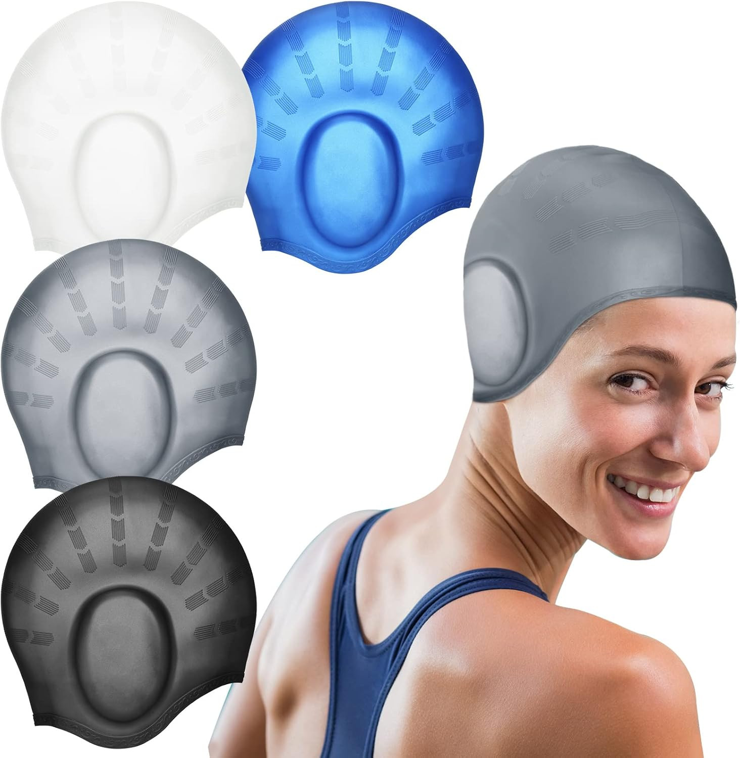 Silicone Swimming Cap with 3D Ear Protection Cap Waterproof Bathing Solid Swimming Cap Swimming Unisex Bathing Swimming Hat for Kids Women Men Adults Child Youth Teen Long Hair